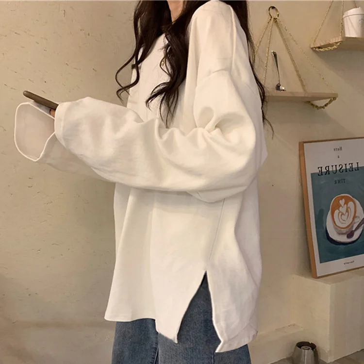 

White Long Sleeve T-shirt Women 's Spring and Autumn 2021 New Korean Style Loose All-match Student Undershirt Split Top Fashion