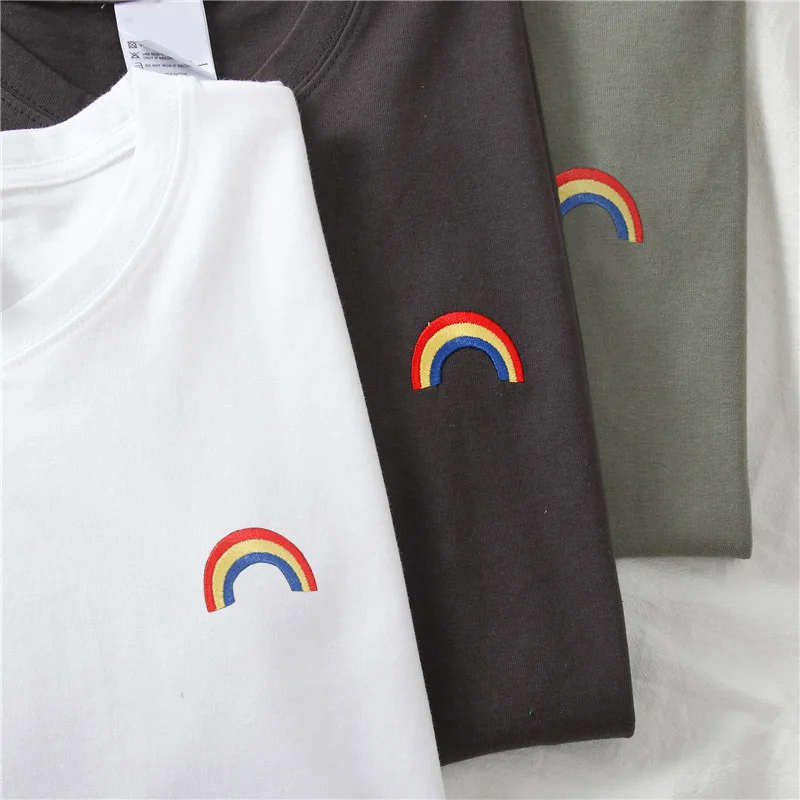 Женская футболка с радужной вышивкой свободный винтажный топ круглым вырезом и