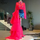 Вечерние чный костюм из двух предметов, розовая блузка со съемным шлейфом и длинным рукавом и темно-синяя мини-юбка, платье для выпускного со стразами