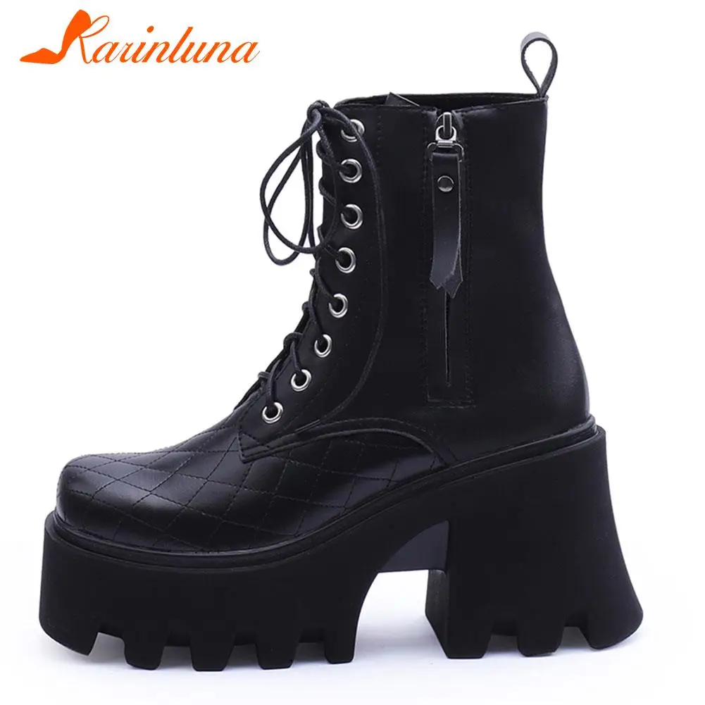 

Женские ботильоны с перекрестной шнуровкой Karinluna, однотонные ботильоны на платформе и квадратном каблуке, на молнии, большой размер 34-44