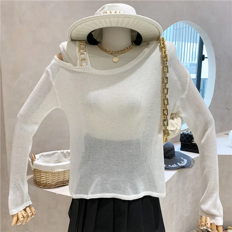 

Niche Design New Women's Clothing 2021 Design Sense Off Shoulder Sling Long Sleeve T-shirt Short Knitted Bottoming Sunscreen Top