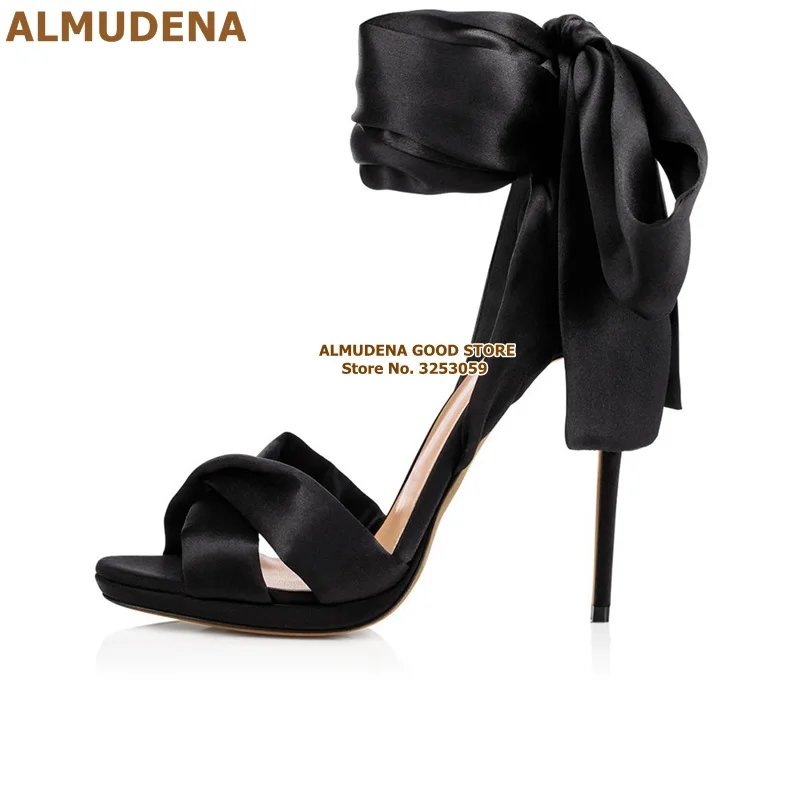 ALMUDENA/красные атласные босоножки с большим бантом; свадебные туфли на шпильке из шелковой ткани со шнуровкой и бантом; туфли-лодочки для сцены в стиле знаменитостей