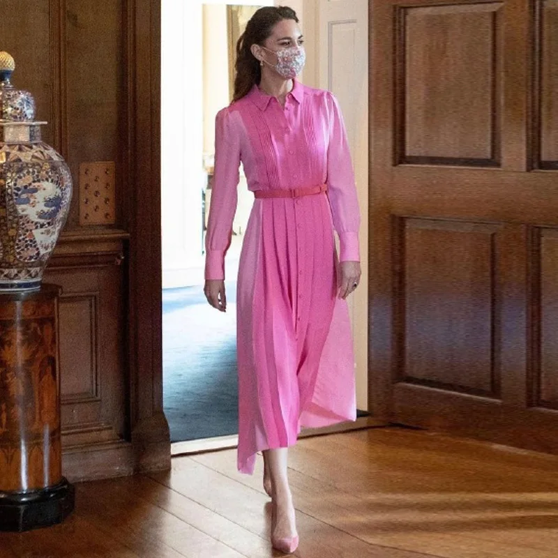 

Женское шифоновое платье с длинным рукавом, розовое Плиссированное дизайнерское платье, весна-осень 2021