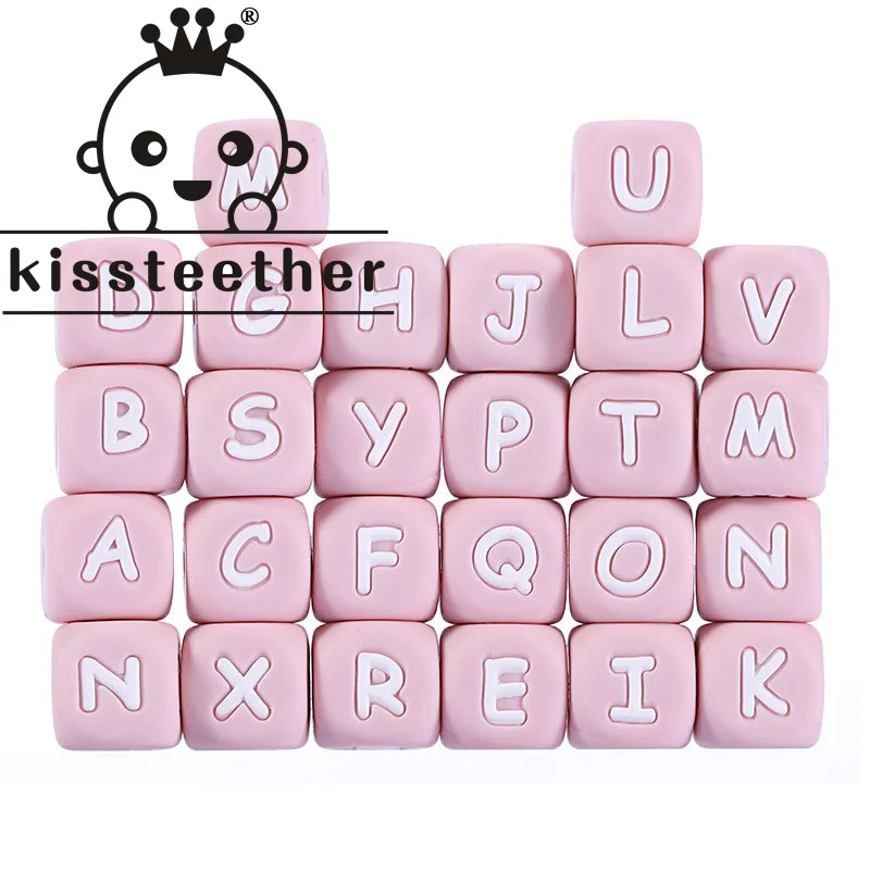 Kissteether 100pcs Silicone Teether Baby Toys Chewing Necklace Beading DIY Food Grade Silicone Letter Beads Pink Silicone Beads