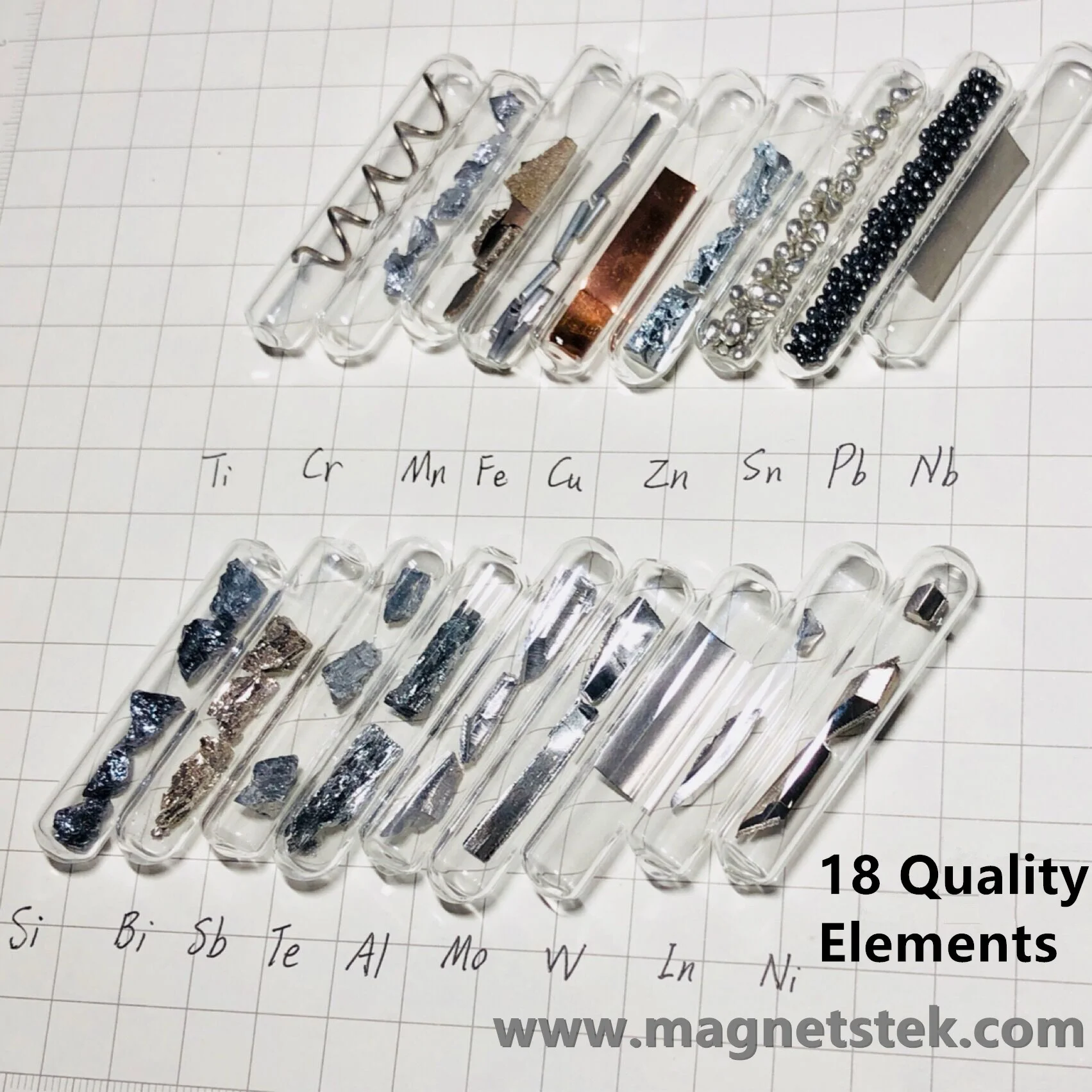 

18 Elements Samples for Element Collection Glass Sealed Ti Cr Mn Fe Cu Zn Sn Nb Si Bi Sb Te Al Mo W In Ni Shinny Looks
