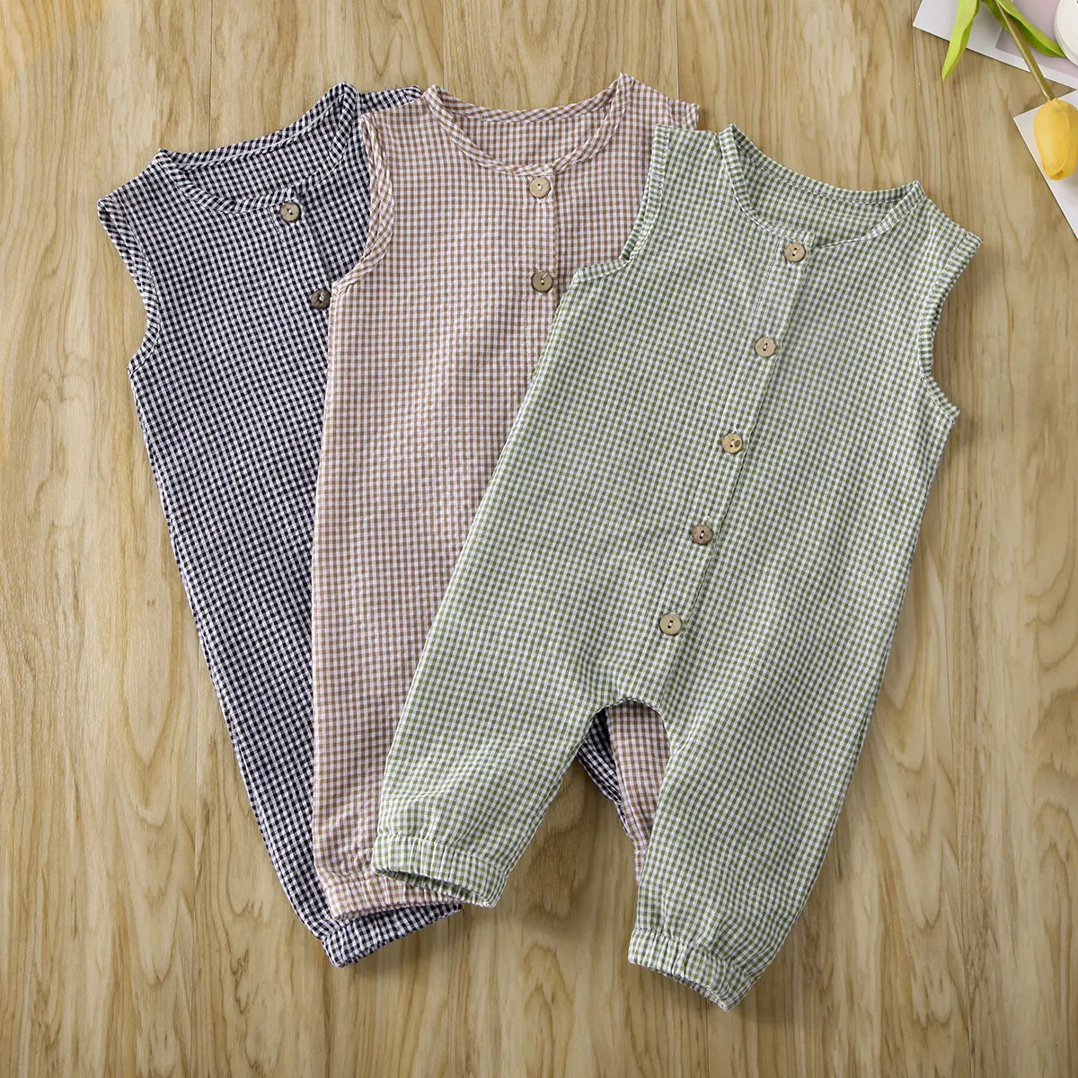 Одежда для новорожденных мальчиков и девочек клетчатый комбинезон без рукавов