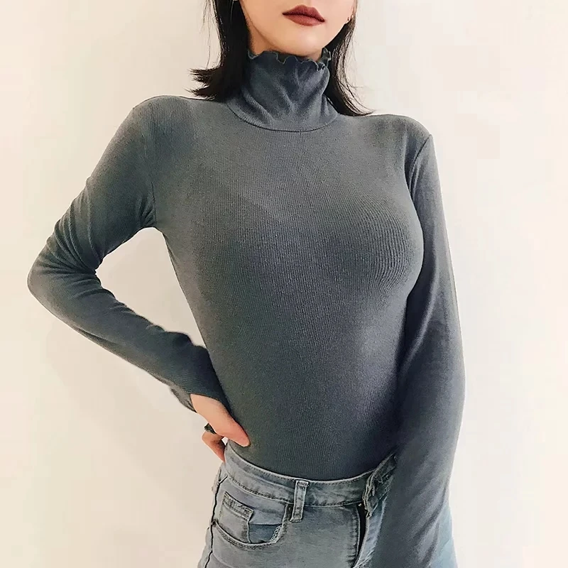 Футболка женская хлопковая эластичная с высоким воротником и длинным рукавом |