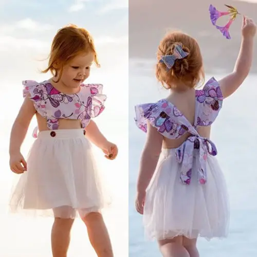 

Toddler Kids Girls Summer Dress Floral Print Tulle Patchwork Dress Fly Sleeve Waist Cutout Princess Dress