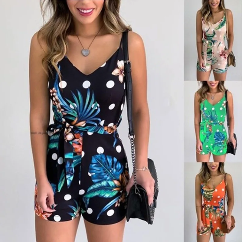 2021 NEW Women's Summer Print Jumpsuit Casual Slim Short Sleeve V-Neck Beach Rompers Sleeveless Bodycon Sexy Playsuit