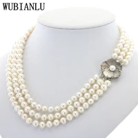 wubianlu 3 row 7 8mm white freshwater pearl necklace chain floral buttons jewelery women girl banquet 17 19 inchfashion charming