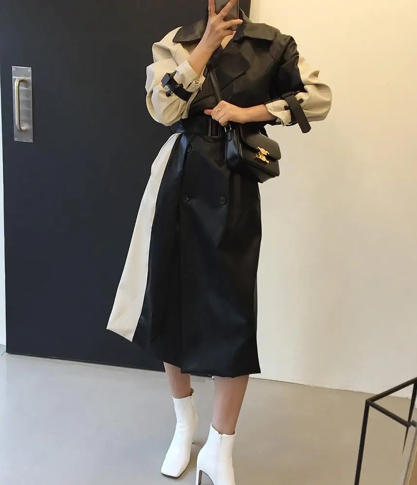

Женское длинное кожаное пальто SuperAen, модное двубортное Свободное пальто в стиле ретро с отложным воротником и прострочкой контрастных цвет...