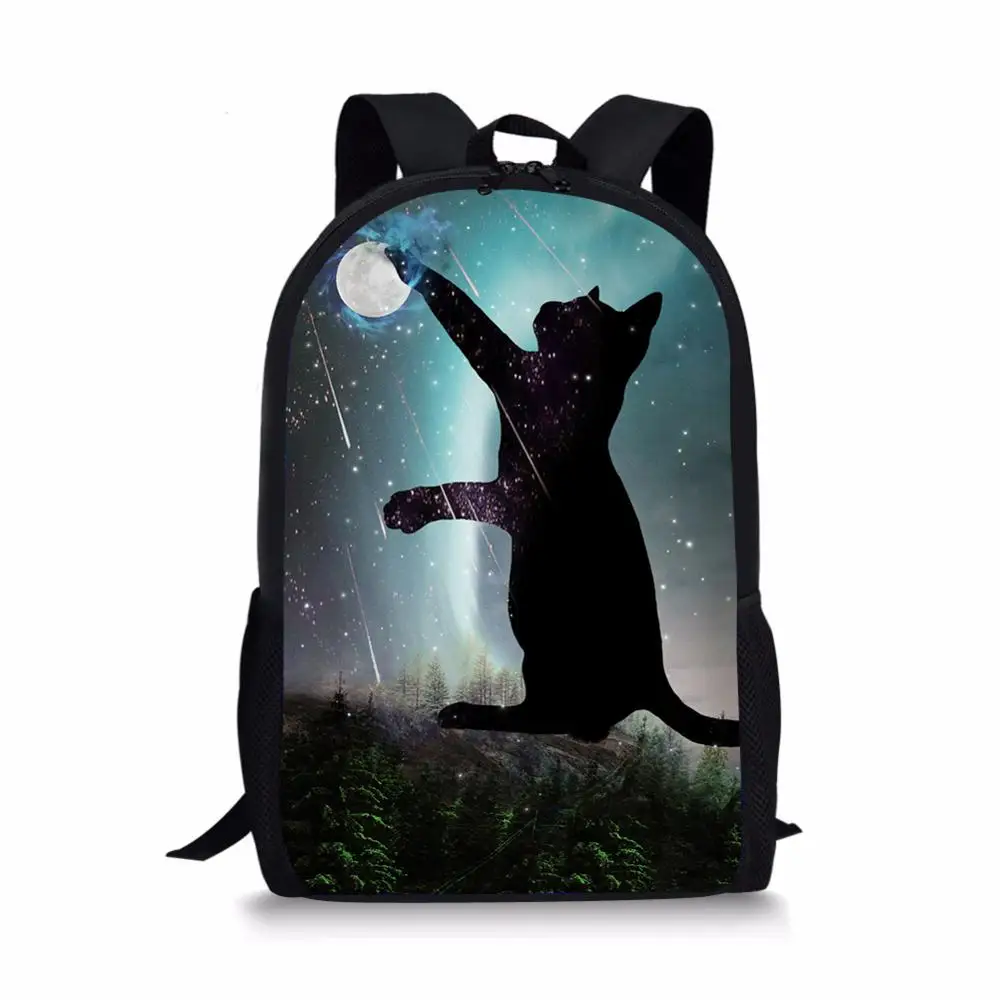 Children's School Backpack Black Fantasy Cats Pattern Kids School Book Bags Cartoon Small Animal Painting Travel Backpack