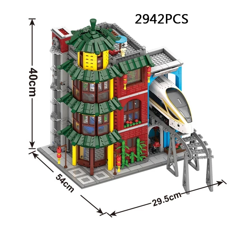 

KAZI 10008 Small Particles 2942 PCS Street View Ancient Pavilion Building And Train Model Children's Assembled Block Toy Gift