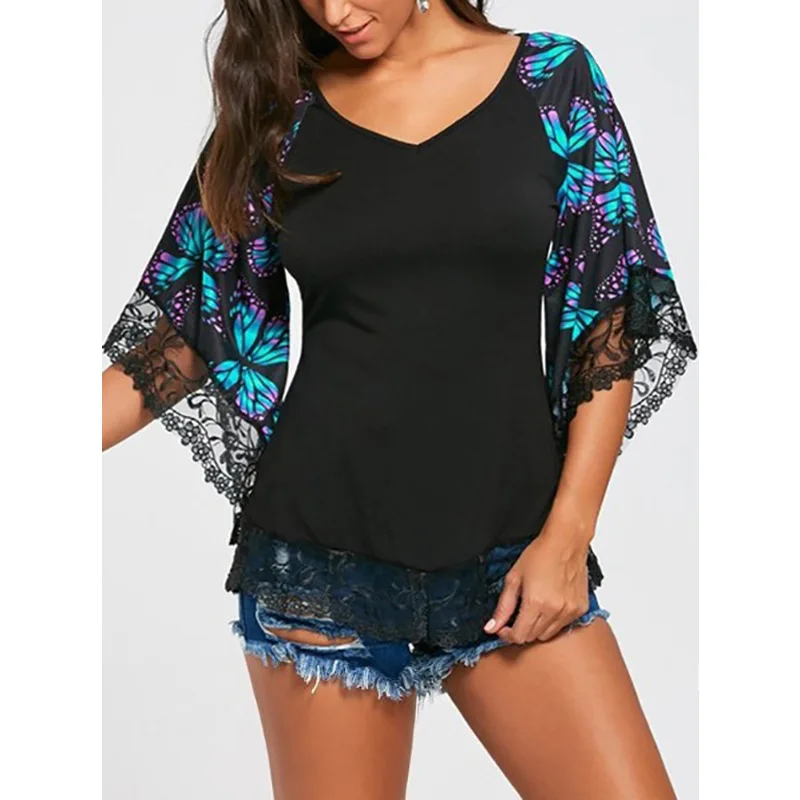 

New women's T-shirt printed lace splicing flared sleeve V-neck top