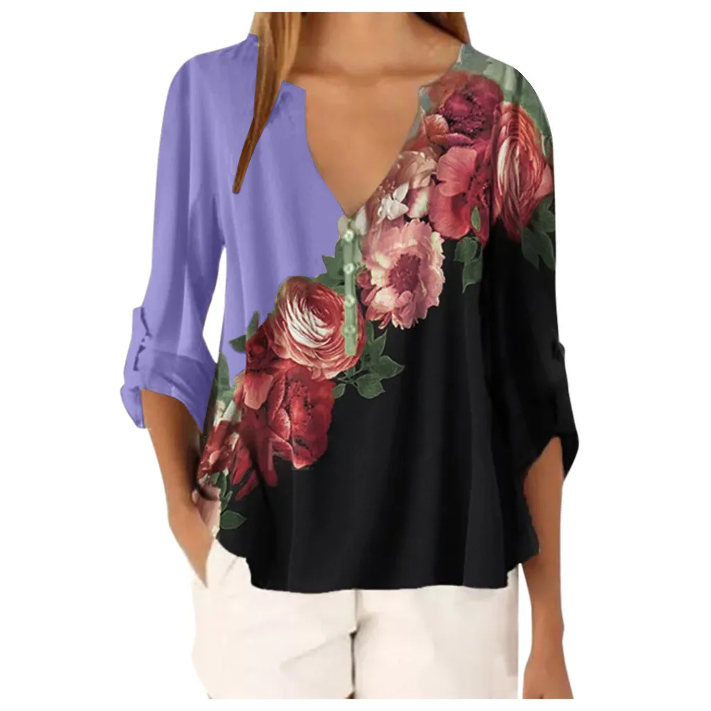 

2020 New Fashion Floral Print Women Blouses Long Sleeve V Neck Blouse Shirt Casual Streetwear Tops Plus Size Loose Work Shirt