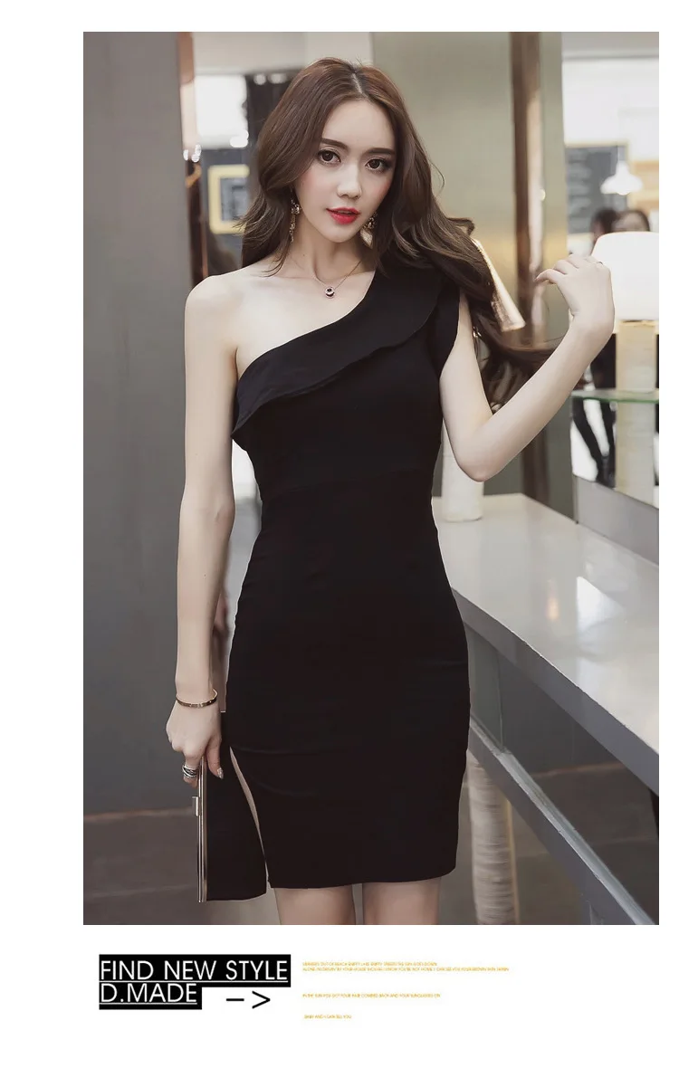 Ladies Sleevelss Sheath Ruffle Wrap Black Mini Dress Women Sexy Dinner Dresses for Women Red One-Shoulder Evening Party Dress