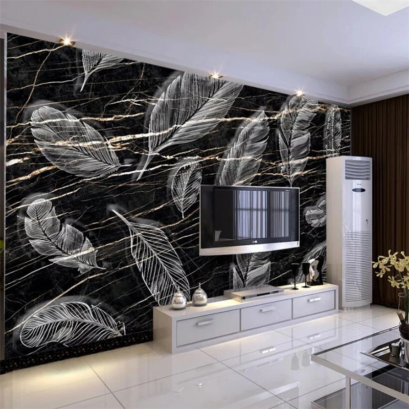 wellyu Custom large murals simple black gold stripes marble feather TV background wall wallpaper papel de parede | Обустройство дома