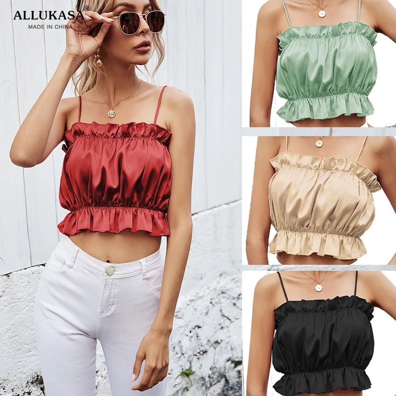 Allukasa Suspender All -match Vest Sexy Cute Woman Polyester Ruffled Solid Y2k Pink Corset Top Pleated Tube Fashion Camis
