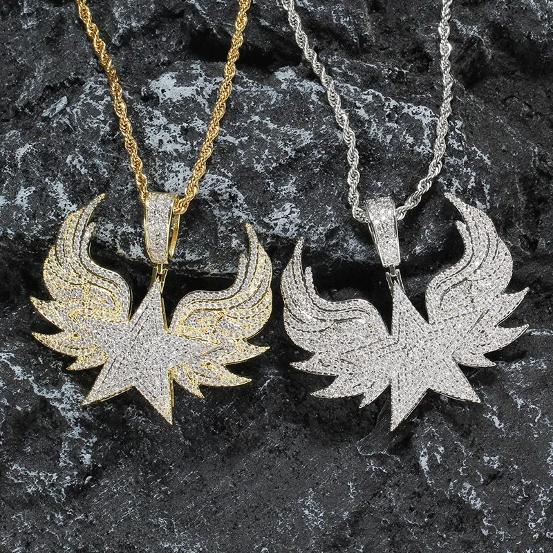 

Hip Hop Claw Setting 3A+ CZ Stone Bling Iced Out Wing Star Pendants Necklaces for Men Rapper Jewelry Gift