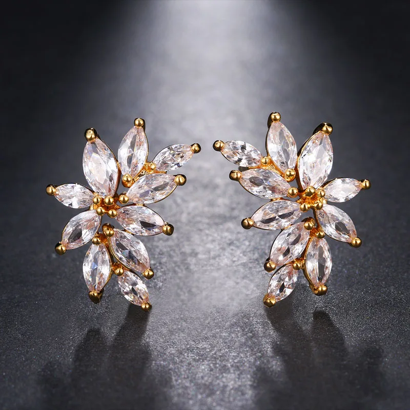 Yellow Gold Классические яркие серьги с цирконием кубической огранки в форме листа для женщин желтого и серебряного цвета большие серьги-гвоздики ювелирные изделия подарок brinco AE661 - Окраска металла: Yellow Gold