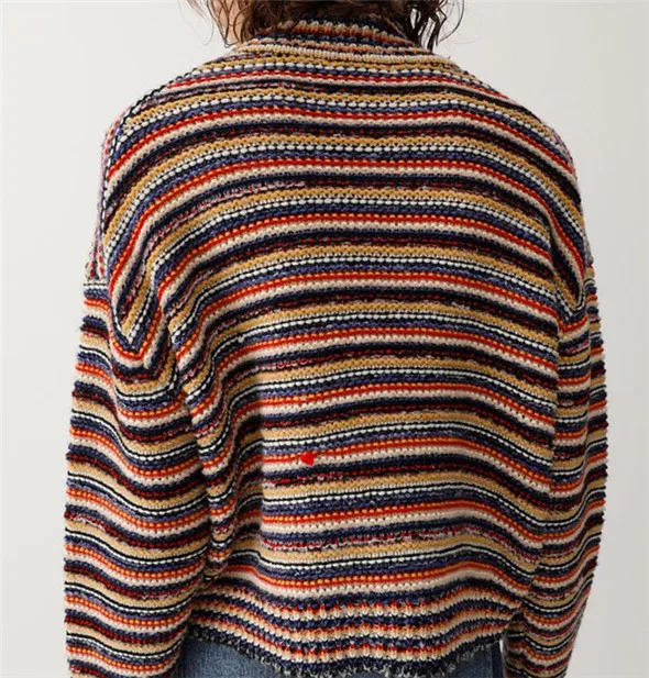 Женский свитер в полоску с высоким воротом вязаный пуловер свободного кроя зима