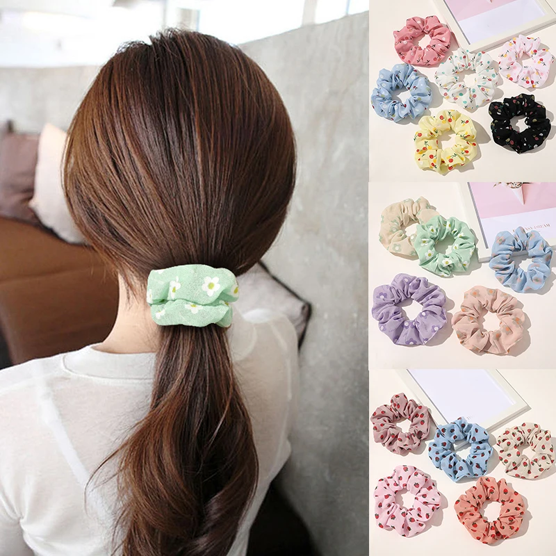 

Elastic Rubber Bands Chiffon Hair Ring Ponytail Holder Hair Tie Cherry Strawberry Print Hair Accessories Sweet Hair Scrunchie