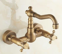 vintage retro antique brass bathroom kitchen sink basin faucet mixer tap swivel spout wall mounted dual cross handles mtf002