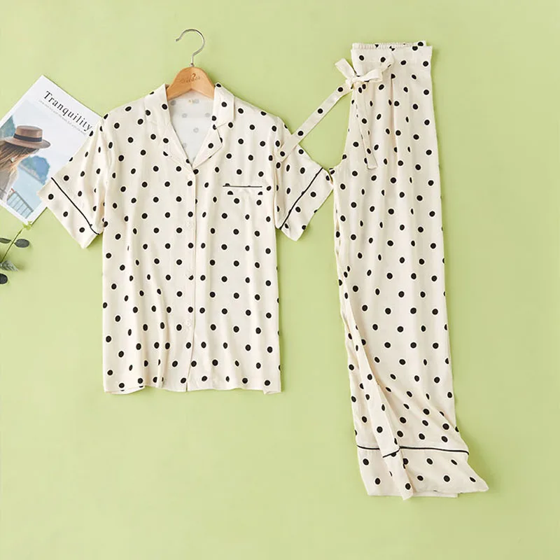 

Couple Sleepwear Cotton Viscose Yellow Bottom Polka Dots Printed Women Pajamas Suit Casual Home Clothes Couple Pajamas Set