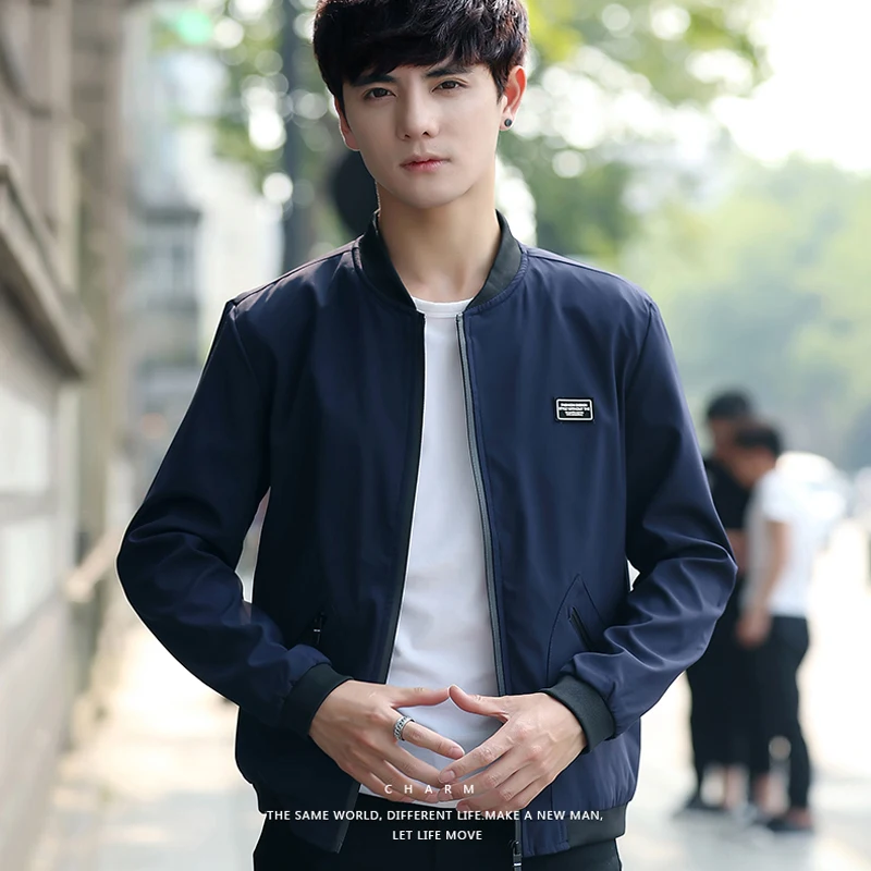 Мужская куртка бомбер 2020 тонкая приталенная бейсбольная с длинным рукавом