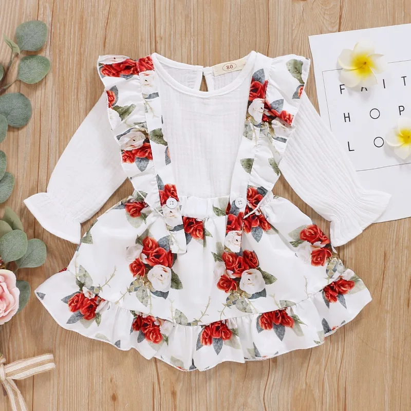 

Autumn Baby Girl Long Sleeve Solid Color T-shirt Blouse Floral Strap Skirts Casual Outfits Set Casual Skirts Set Baby Girl