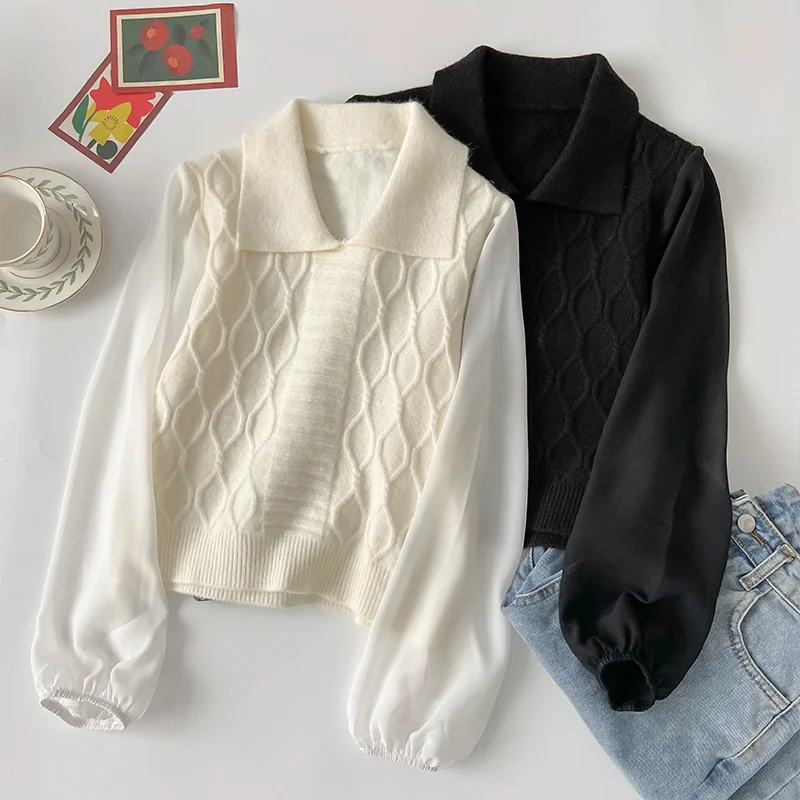 

Вязаный свитер в французском стиле с длинными рукавами и пузырьками, женский свитер в стиле пэчворк на весну и осень, новинка 2021, свободный в...