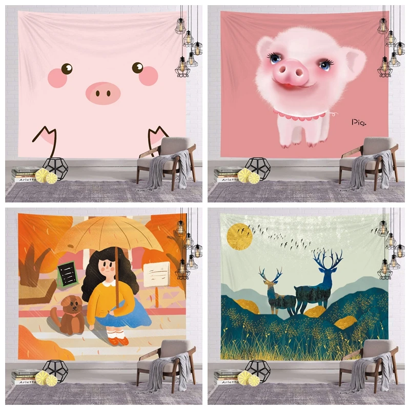 

Cartoon Animal Room Tapestry Kawaii Cute Girls Bedroom Decor Wall Hanging Pink Tapestry dormitory Tapestries