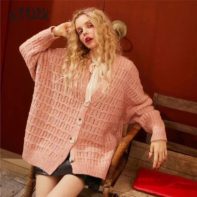 ELFSACK розовый однотонный вязанный корейский Кардиган женские свитера весна 2020 на
