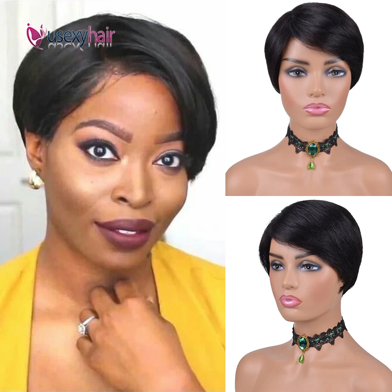 

Short Pixie Cut Human Hair Wig Natural Color Brazilian Full Machine Wigs With Bangs 150% Density Remy Short Bob Pixie Cut Wigs