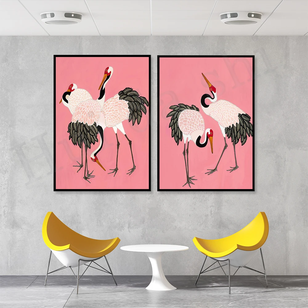 

Two Art Prints Japanese Cranes on Pink