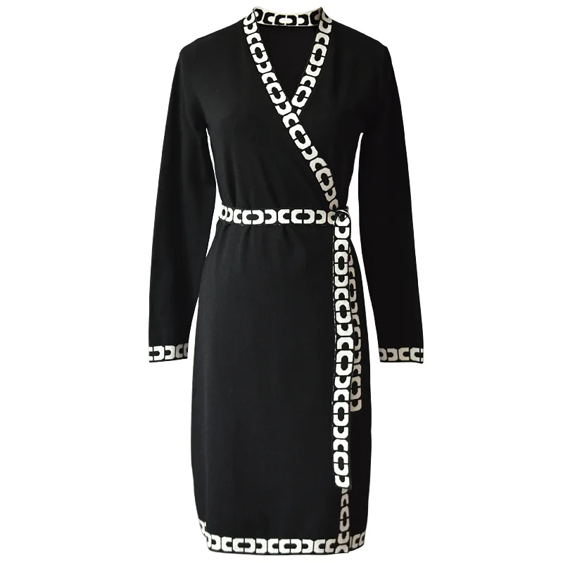 

wrapped wool women New long sleeve knit dress to wear western style show thin
