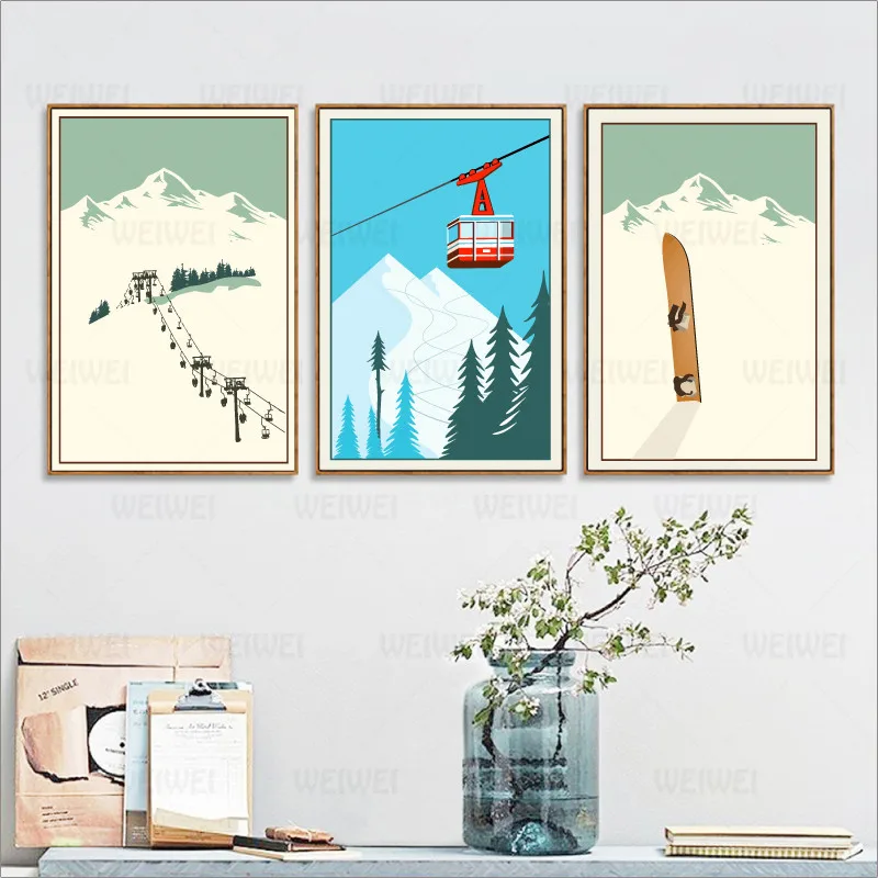 

Canvas Painting Winter Sports Skiing Art Poster Vintage Travel Poster Ski In Snow Mountain Painting Winter Home Decor