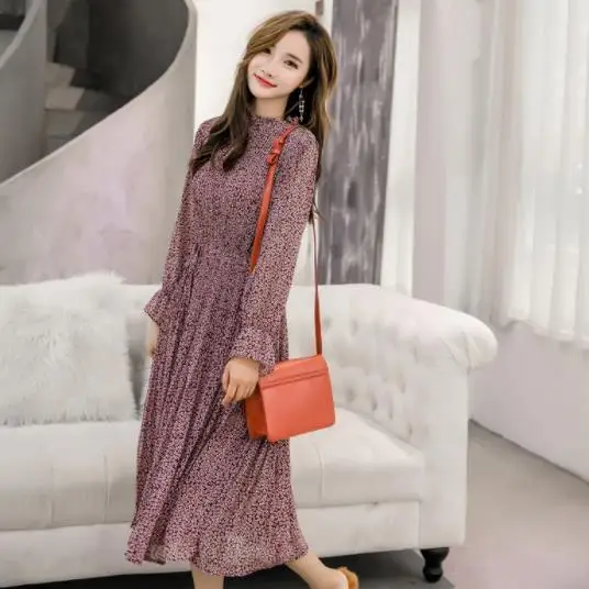 Elegant Stand Collar Floral Print Women Dress Full Sleeve Elastic Slim Waist Chiffon Spring A-line Long 2020 AE10 |