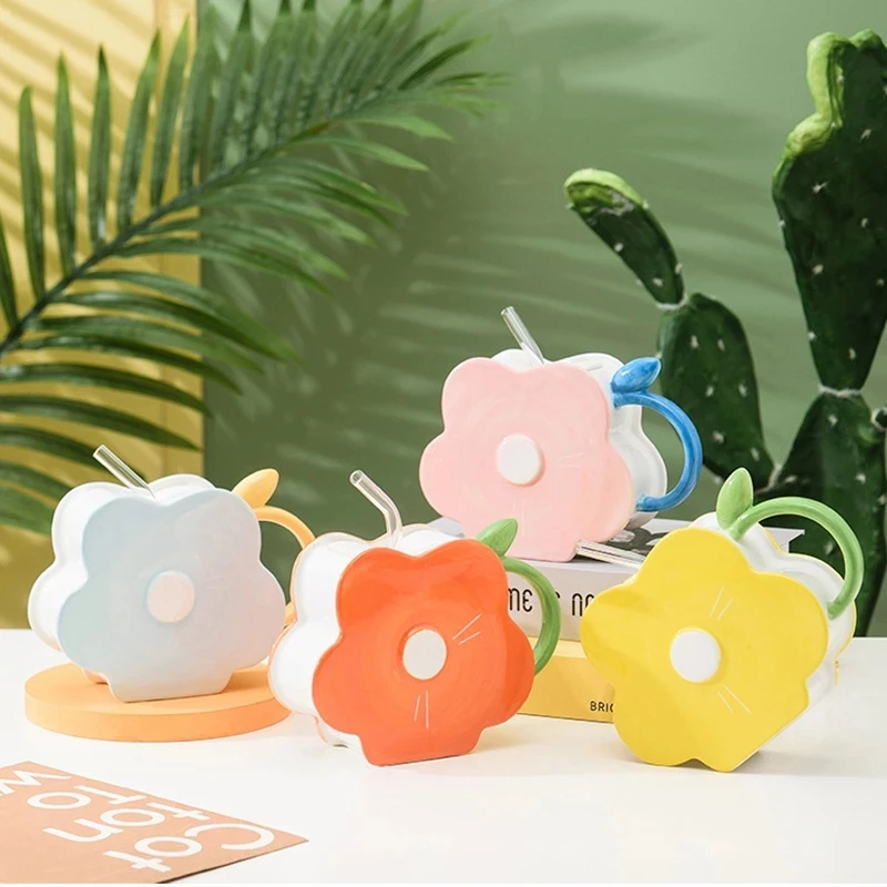 400мл ручная роспись кофейная чашка в форме цветка с трубочкой парная персонализированная кружка праздничный подарок для родственников и друзей.