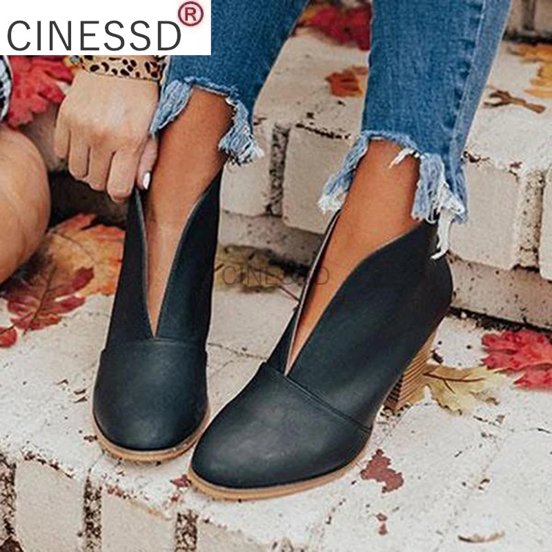 

2022 New Winter Women Boots V Cutout Ankle Boots Stacked Heel Booties Fahsion Chelsea Boots PU Boots Zapatos Mujer