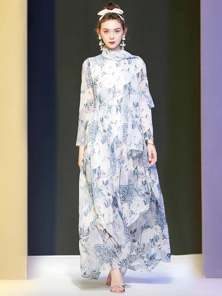 

2021 Autumn New Fashion Bohemian Elegant Printed Chiffon Party Dress for Women