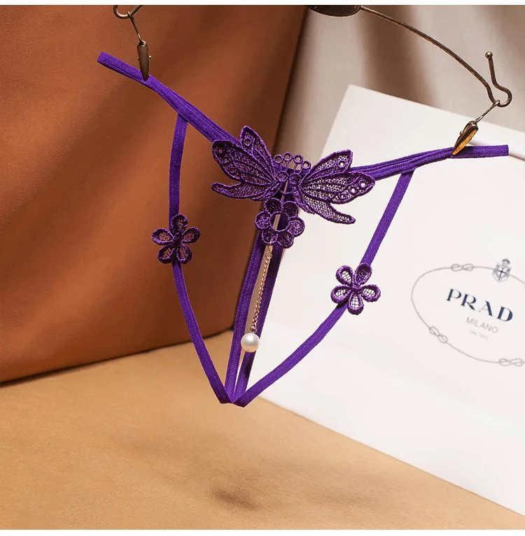 

Sexy G-String Tback Temptation Underwear Female Hollow Embroidery Thong Pearl Pendant Open Transparent Panties Female