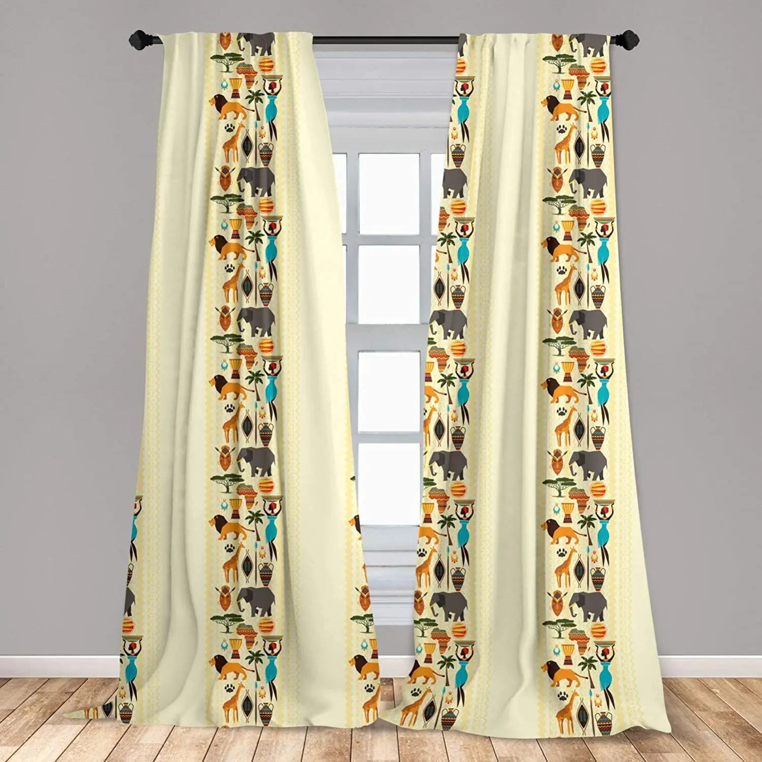 

African Window Curtains Dark Continent Elements Woman of Color Carrying Water Lion Elephant Lightweight Decorative