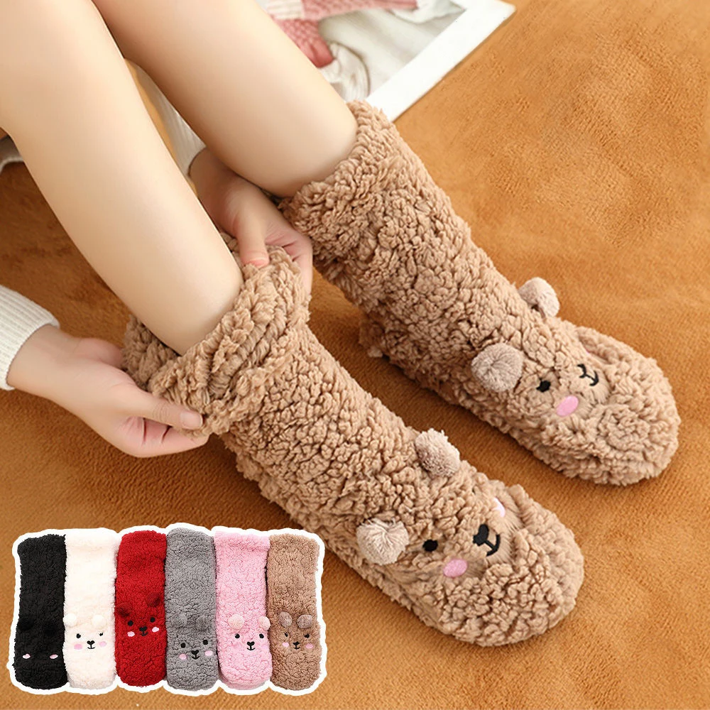 New Winter Female Floor Coral Thickening Plus Velvet Warm Home Sleep Confinement Christmas Socks Cute Kawaii Popsocket