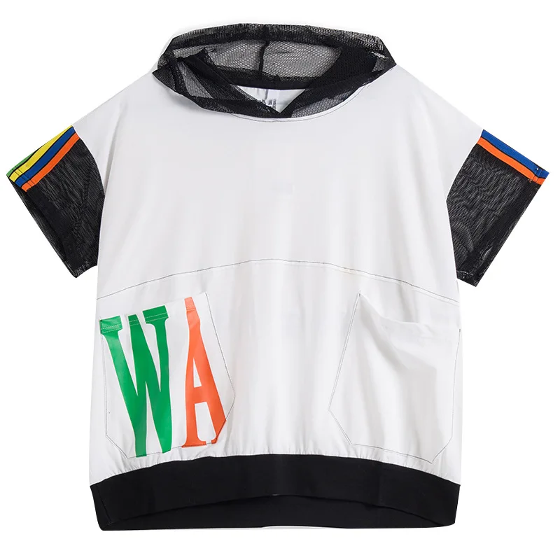

2021Short Sleeve Hooded Shirt Fashion Girls Streetwear Letter Print Bright Line Decoration Patched Colors Women Summer Hoodies