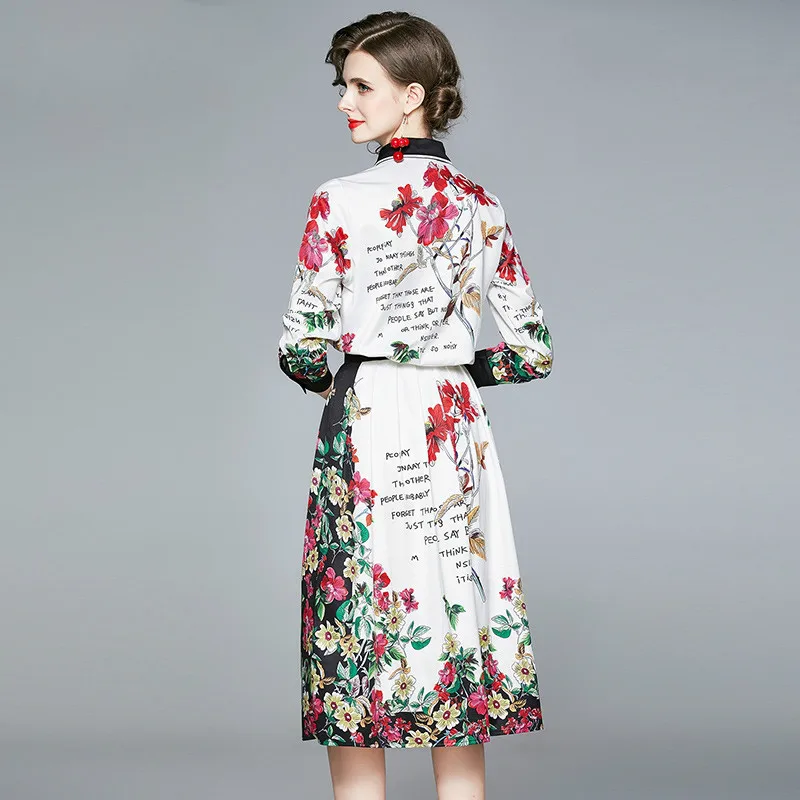 

Women Autumn Vintage Floral Dress Suit Set High Quality Elegant Office Party Robe Femme Runway Designer Vestidos