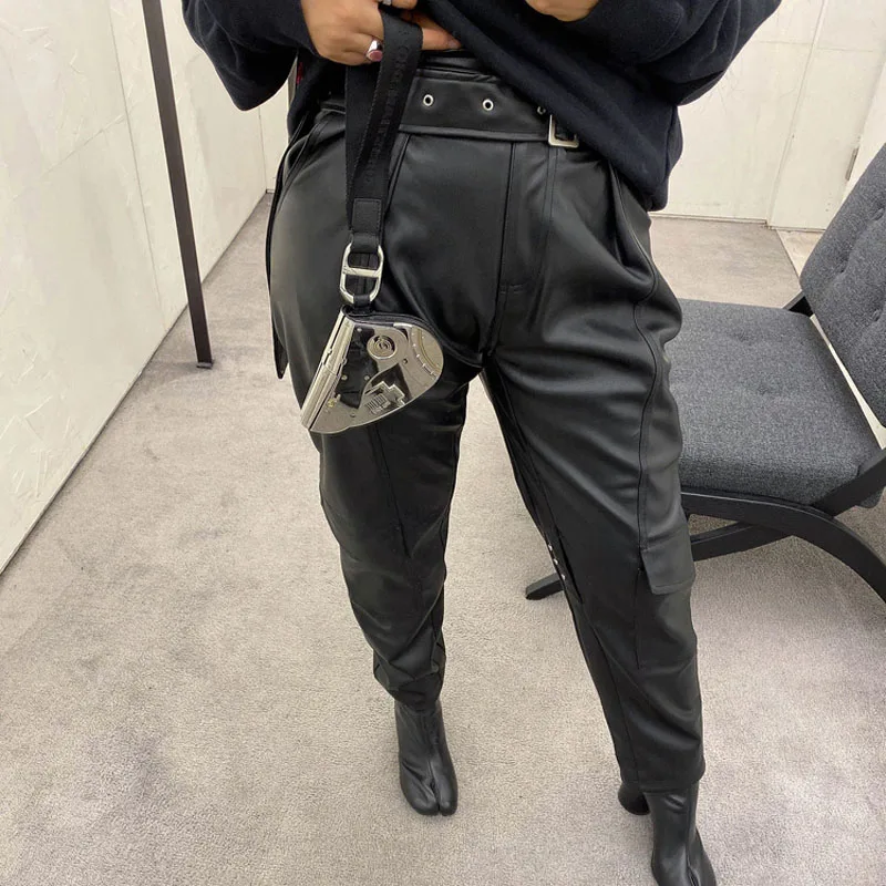 European And American Style Imitation Sheepskin Fleece High Belt Tooling Pockets Straight Leather Pants | Женская одежда