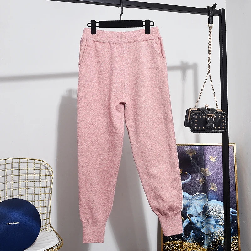 Корейский Розовый спортивный костюм женский вязаный кардиган длинные штаны