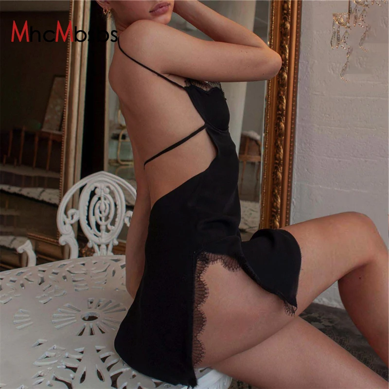 

Lace Patchwork Strap Split Sexy Mini Dress Summer 2021 Women Backless Bandage Gothic Streetwear Outfits Casual Sleep Wear