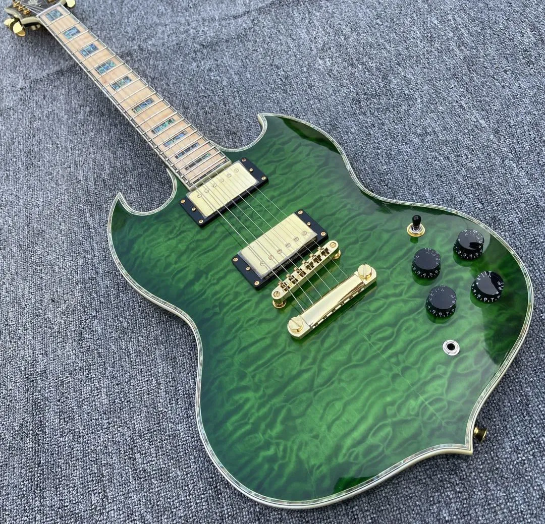 

L5 Trans Green Quilted Mape Top SG Double Cutaway Electric Guitar Abalone Body Binding & Inlay, Gold Hardware, Grover Tuners